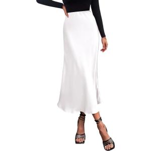 imagePRETTYGARDEN Womens Summer Midi Satin Skirt Dressy Casual High Waisted A Line Flowy Ruffle Elegant Party SkirtsWhite