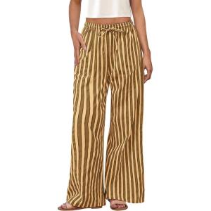 imagePRETTYGARDEN Womens Wide Leg Lounge Pants 2025 Summer Drawstring Elastic Waist Comfy Striped Pajama Bottoms Trendy ClothesStriped Khaki Army Green
