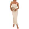 imagePRETTYGARDEN Womens Summer Bodycon Maxi Tube Dress Ribbed Strapless Side Slit Long Going Out Casual Elegant Party DressesBeige