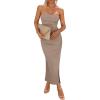 imagePRETTYGARDEN Womens Summer Bodycon Maxi Tube Dress Ribbed Strapless Side Slit Long Going Out Casual Elegant Party DressesKhaki