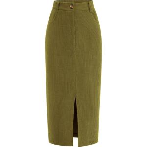 imagePRETTYGARDEN Womens Fall Midi Pencil Skirts Dressy Casual Work Office High Waisted Trendy Winter Corduroy Skirt with SlitGreen