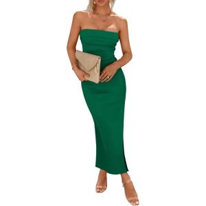 imagePRETTYGARDEN Womens Summer Bodycon Maxi Tube Dress Ribbed Strapless Side Slit Long Going Out Casual Elegant Party DressesGreen