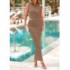 imagePRETTYGARDEN Maxi Skirt Sets Women 2 Piece Outfits Summer 2025 Spring One Shoulder Sleeveless Ruched Bodycon Long SkirtsKhaki