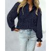 imagePRETTYGARDEN Womens Dressy Casual Blouse Tops Fall Spring Puff Long Sleeve Button V Neck Hollow Out Lace Embroidered ShirtsNavy