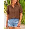 imagePRETTYGARDEN Womens Summer Button Down Shirts Short Lantern Sleeve V Neck Cotton Cute Dressy Casual Ladies Tops BlousesBrown
