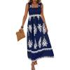 imagePRETTYGARDEN Womens Summer Boho Maxi Dress 2025 Casual Sleeveless Square Neck Floral Aline Smocked Beach Dresses with PocketsFloral Navy White