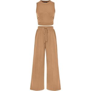 imagePRETTYGARDEN 2 Piece Sets for Women Summer Casual 2025 Spring Sleeveless Tank Ribbed Travel Vacation Lounge Wear OutfitsCamel