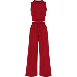 imagePRETTYGARDEN 2 Piece Sets for Women Summer Casual 2025 Spring Sleeveless Tank Ribbed Travel Vacation Lounge Wear OutfitsRed