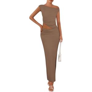 imagePRETTYGARDEN Maxi Skirt Sets Women 2 Piece Outfits Summer 2025 Spring One Shoulder Sleeveless Ruched Bodycon Long SkirtsKhaki