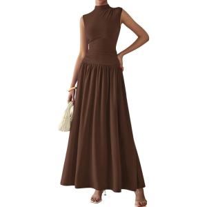 imagePRETTYGARDEN Womens 2 Piece Skirt Set 2025 Summer Ruched Tank Tops Ruffle Maxi Skirts Wedding Guest Matching OutfitsCoffee
