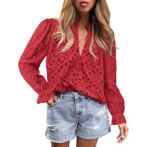 imagePRETTYGARDEN Womens Dressy Casual Blouse Tops Fall Spring Puff Long Sleeve Button V Neck Hollow Out Lace Embroidered ShirtsRed