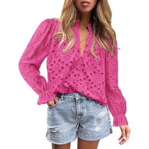 imagePRETTYGARDEN Womens Dressy Casual Blouse Tops Fall Spring Puff Long Sleeve Button V Neck Hollow Out Lace Embroidered ShirtsRose Red