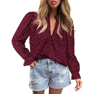 imagePRETTYGARDEN Womens Dressy Casual Blouse Tops Fall Spring Puff Long Sleeve Button V Neck Hollow Out Lace Embroidered ShirtsWine Red