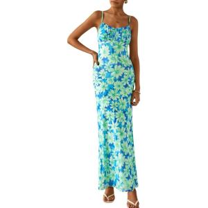 imagePRETTYGARDEN Womens Floral Bodycon Maxi Dress 2025 Summer Beach Sundress Sleeveless Spaghetti Strap Wedding Guest DressLight Green Daisy