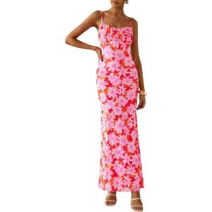 imagePRETTYGARDEN Womens Floral Bodycon Maxi Dress 2025 Summer Beach Sundress Sleeveless Spaghetti Strap Wedding Guest DressPink Daisy