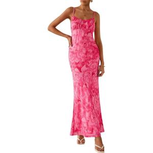 imagePRETTYGARDEN Womens Floral Bodycon Maxi Dress 2025 Summer Beach Sundress Sleeveless Spaghetti Strap Wedding Guest DressPink Floral