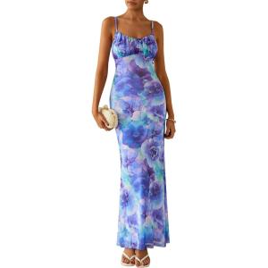 imagePRETTYGARDEN Womens Floral Bodycon Maxi Dress 2025 Summer Beach Sundress Sleeveless Spaghetti Strap Wedding Guest DressPurple Orchid