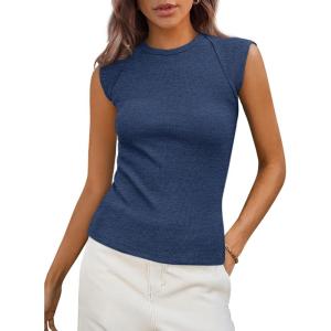 imagePRETTYGARDEN Womens Ribbed Tank Tops 2025 Summer Cap Sleeve Slim Fitted Knit Basic Casual Tee Shirts Trendy Fashion ClothesGrey Blue