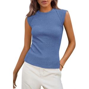 imagePRETTYGARDEN Womens Ribbed Tank Tops 2025 Summer Cap Sleeve Slim Fitted Knit Basic Casual Tee Shirts Trendy Fashion ClothesSky Blue