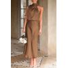 imagePRETTYGARDEN Womens 2025 Summer Satin Dress Elegant Sleeveless Mock Neck Cocktail Party Maxi DressesKhaki