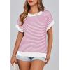 imagePRETTYGARDEN Womens Short Sleeve Sweater Spring Summer 2025 Round Neck Striped Pullover Cap Sleeve Knit Sweater Vest TopsRose Red