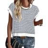imagePRETTYGARDEN Womens Short Sleeve Sweater Spring Summer 2025 Round Neck Striped Pullover Cap Sleeve Knit Sweater Vest TopsStriped White Navy