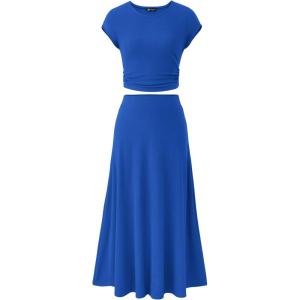 imagePRETTYGARDEN Two Piece Skirt Set for Women 2025 Summer Spring Dressy Casual Knit Travel Vacation Matching Lounge OutfitsBlue