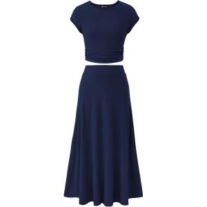 imagePRETTYGARDEN Two Piece Skirt Set for Women 2025 Summer Spring Dressy Casual Knit Travel Vacation Matching Lounge OutfitsDark Blue