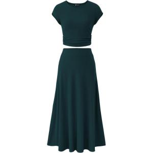 imagePRETTYGARDEN Two Piece Skirt Set for Women 2025 Summer Spring Dressy Casual Knit Travel Vacation Matching Lounge OutfitsDark Green