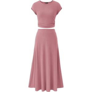 imagePRETTYGARDEN Two Piece Skirt Set for Women 2025 Summer Spring Dressy Casual Knit Travel Vacation Matching Lounge OutfitsDusty Pink