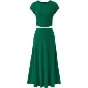 imagePRETTYGARDEN Two Piece Skirt Set for Women 2025 Summer Spring Dressy Casual Knit Travel Vacation Matching Lounge OutfitsGreen