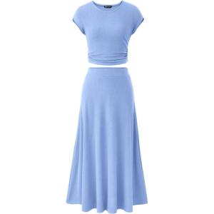 imagePRETTYGARDEN Two Piece Skirt Set for Women 2025 Summer Spring Dressy Casual Knit Travel Vacation Matching Lounge OutfitsLight Blue