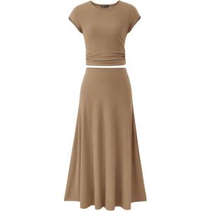 imagePRETTYGARDEN Two Piece Skirt Set for Women 2025 Summer Spring Dressy Casual Knit Travel Vacation Matching Lounge OutfitsLight Brown