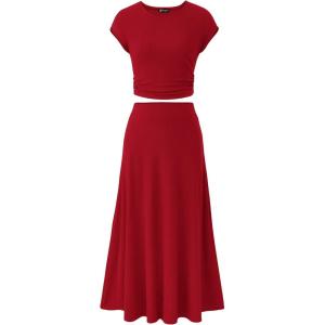 imagePRETTYGARDEN Two Piece Skirt Set for Women 2025 Summer Spring Dressy Casual Knit Travel Vacation Matching Lounge OutfitsRed