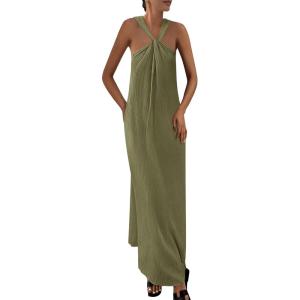 imagePRETTYGARDEN Womens 2025 Casual Long Summer Dresses Sleeveless Strappy Loose Flowy Beach Vacation Maxi Dress with PocketsArmy Green