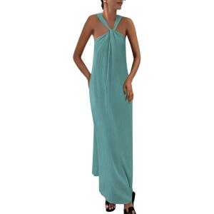imagePRETTYGARDEN Womens 2025 Casual Long Summer Dresses Sleeveless Strappy Loose Flowy Beach Vacation Maxi Dress with PocketsBlue Green