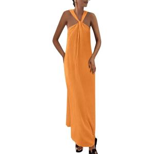 imagePRETTYGARDEN Womens 2025 Casual Long Summer Dresses Sleeveless Strappy Loose Flowy Beach Vacation Maxi Dress with PocketsOrange Yellow
