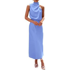imagePRETTYGARDEN Womens 2025 Summer Satin Dress Elegant Sleeveless Mock Neck Cocktail Party Maxi DressesBlue