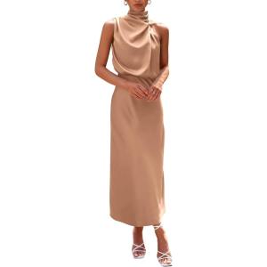 imagePRETTYGARDEN Womens 2025 Summer Satin Dress Elegant Sleeveless Mock Neck Cocktail Party Maxi DressesLight Khaki