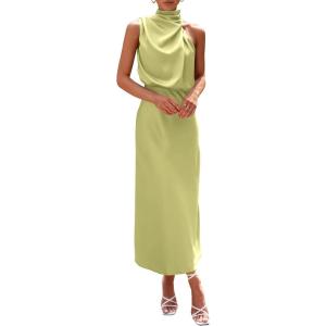 imagePRETTYGARDEN Womens 2025 Summer Satin Dress Elegant Sleeveless Mock Neck Cocktail Party Maxi DressesTender Green