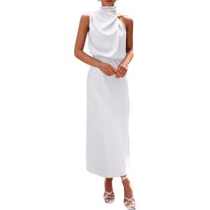 imagePRETTYGARDEN Womens 2025 Summer Satin Dress Elegant Sleeveless Mock Neck Cocktail Party Maxi DressesWhite