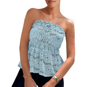 imagePRETTYGARDEN Womens Boho Tube Tops 2025 Summer Strapless Off Shoulder Eyelet Smocked Peplum Trendy Going Out Bandeau TopLight Blue