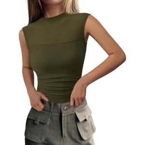 imagePRETTYGARDEN Womens Summer Sheer Mesh Tank Tops 2025 Trendy Casual Sleeveless Mock Neck Ruched Slim Fitted Going Out ShirtsArmy Green