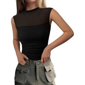 imagePRETTYGARDEN Womens Summer Sheer Mesh Tank Tops 2025 Trendy Casual Sleeveless Mock Neck Ruched Slim Fitted Going Out ShirtsBlack