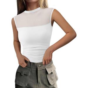 imagePRETTYGARDEN Womens Summer Sheer Mesh Tank Tops 2025 Trendy Casual Sleeveless Mock Neck Ruched Slim Fitted Going Out ShirtsWhite