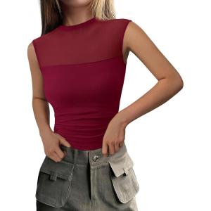 imagePRETTYGARDEN Womens Summer Sheer Mesh Tank Tops 2025 Trendy Casual Sleeveless Mock Neck Ruched Slim Fitted Going Out ShirtsWine Red
