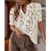 imagePRETTYGARDEN Womens 2025 Spring Lace Tops Short Puff Sleeve Casual Dressy Blouses Eyelet Crew Neck Button Down ShirtsBeige