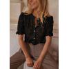 imagePRETTYGARDEN Womens 2025 Spring Lace Tops Short Puff Sleeve Casual Dressy Blouses Eyelet Crew Neck Button Down ShirtsBlack