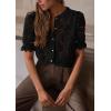 imagePRETTYGARDEN Womens 2025 Spring Lace Tops Short Puff Sleeve Casual Dressy Blouses Eyelet Crew Neck Button Down ShirtsBlack