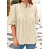 imagePRETTYGARDEN Womens 2025 Summer Short Lantern Sleeve Tops Loose Fit Button Down Shirt Casual Pleated V Neck BlousesApricot
